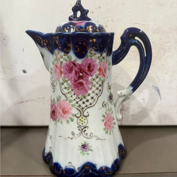 Antique Vintage Chocolate Pot Cobalt Blue Floral Porcelain Pristine Unmarked - Picture 2 of 5